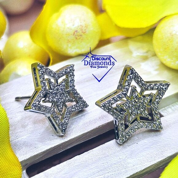 Star Shaped White Baguette Diamond Earrings on 925 Sterling Silver - Picture 2 of 9